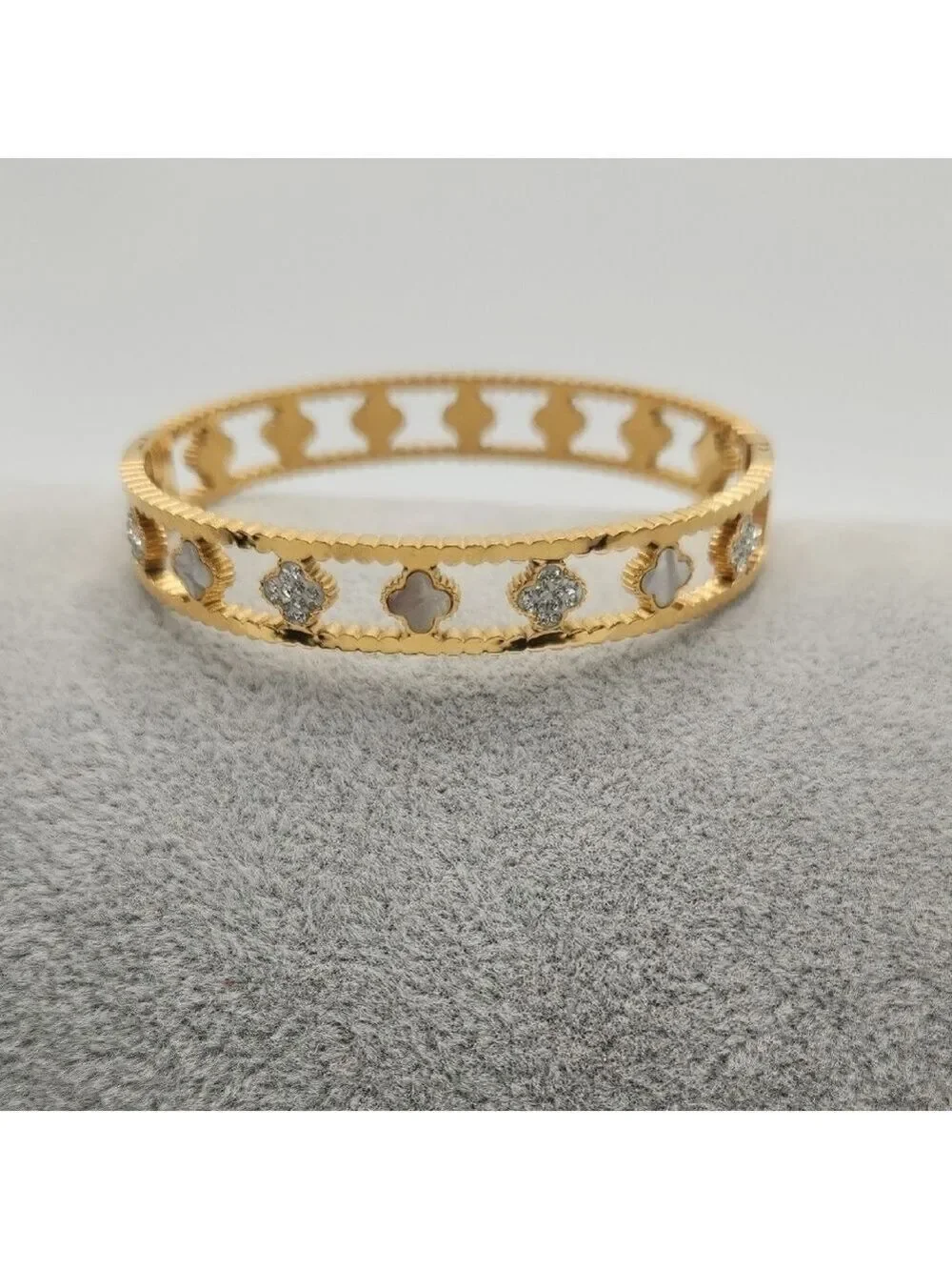 18k Gold Plated Stainless Steel Pearl White Clover Bangle Bracelet Zircon Inlay